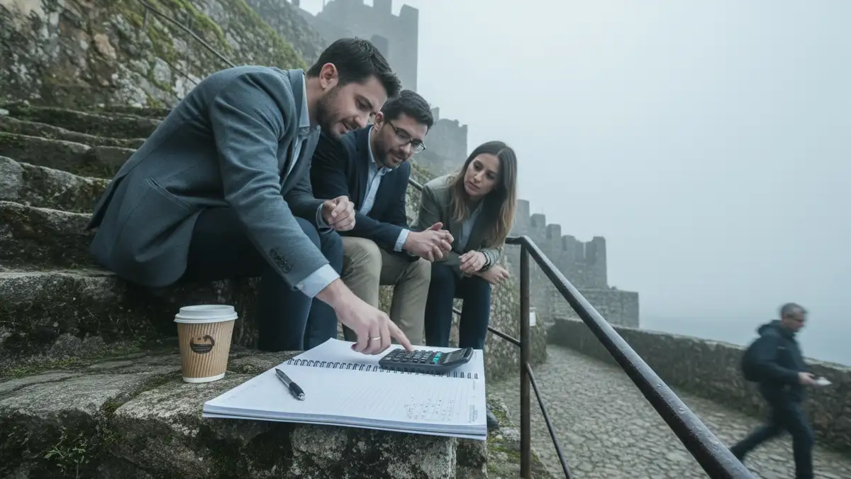 Four professionals huddled over a notebook and calculator on stone steps near the Moorish Castle in Sintra, Portugal, one reaching for a pen with motion blur on the hand, overcast midday flat light wi