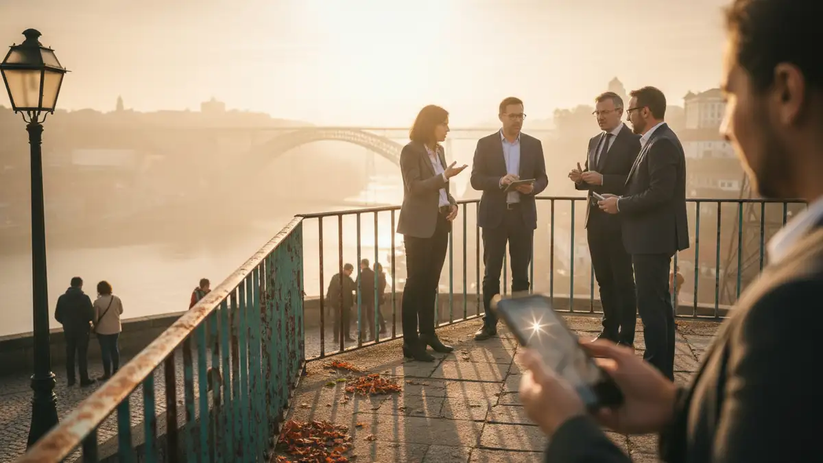 Group of executives mid-conversation on the terrace of Belvedere do D. Luís I viewpoint in Porto, Portugal, late golden hour haze in autumn, overlooking the Douro River bridges, one person gesturing w