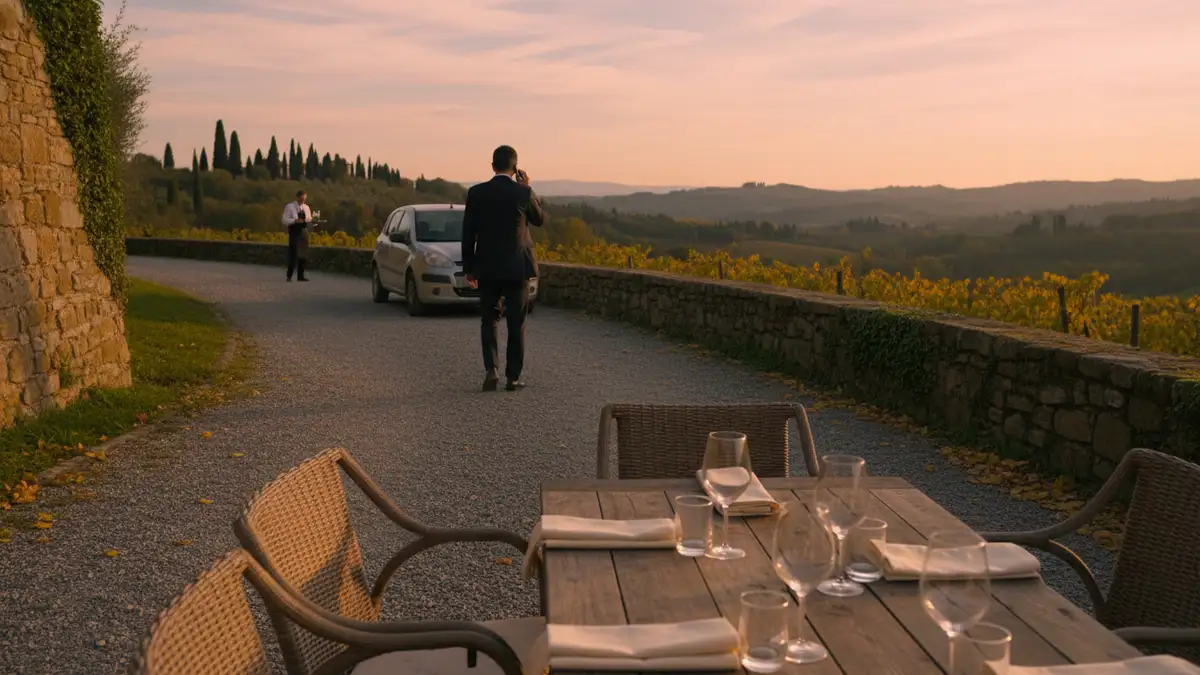 Shot on Canon EOS R6 at f/5.6, dusk light with harsh shadows on the gravel path leading to a private vineyard terrace near Greve in Chianti, empty wicker chairs around a wooden table set for dinner wi